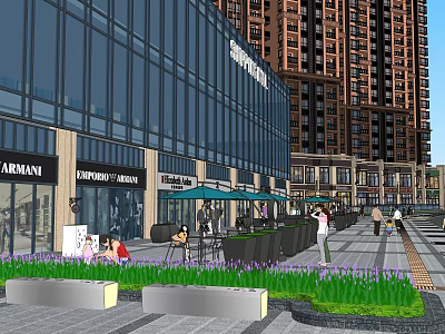 Vibrant Commercial Street With Modern Buildings Shops Outdoor Seating And Pedestrians 3d model