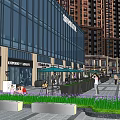 Vibrant Commercial Street With Modern Buildings Shops Outdoor Seating And Pedestrians