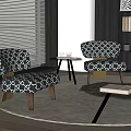 Geometric Patterned Accent Chairs In Modern Living Room With Window Blinds Side Table And Bookshelf