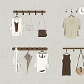 White Cardigan Top Brown Dress With Bags Hat Umbrella Hanging On Wall Mounted Wooden Racks