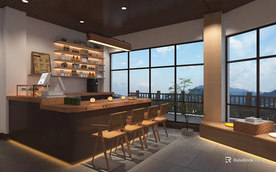 Modern Teahouse Interior Design With Wooden Counter Large Windows Mountain View And Wooden Chairs 3d model 