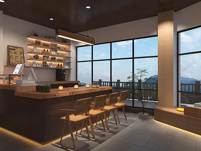 Modern Teahouse Interior Design With Wooden Counter Large Windows Mountain View And Wooden Chairs 3d model
