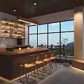 Modern Teahouse Interior Design With Wooden Counter Large Windows Mountain View And Wooden Chairs