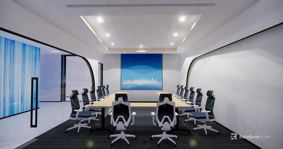 Modern Conference Room With Long Table Black Office Chairs And Cityscape Painting 3d model 