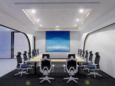 Modern Conference Room With Long Table Black Office Chairs And Cityscape Painting 3d model