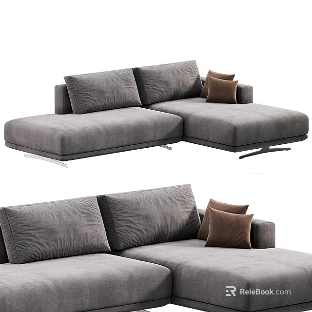 Gray L Shaped Sectional Sofa With Modern Fabric And Brown Throw Pillows 3d model