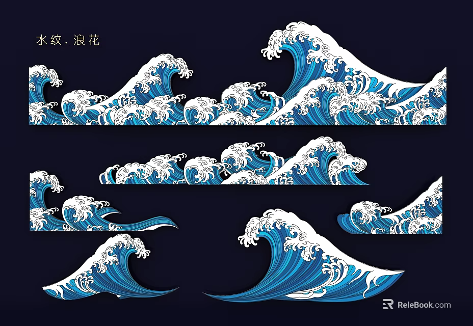 Artistic Blue Wave Pattern Wall Decor with Splashing Water Designs and Ocean Elements 3d model 