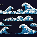 Artistic Blue Wave Pattern Wall Decor with Splashing Water Designs and Ocean Elements