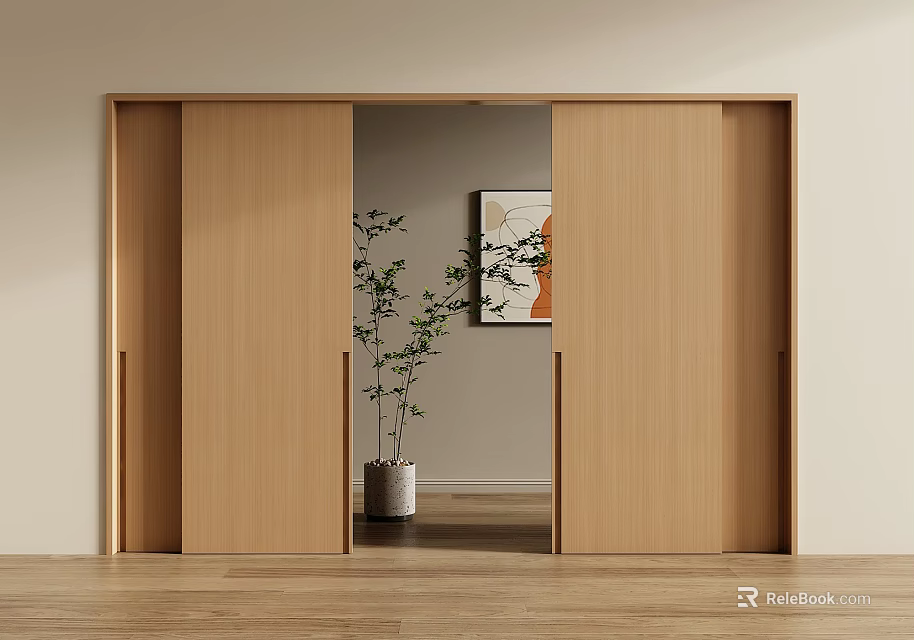 Modern Wooden Sliding Doors in Home Interior with Potted Plant and Artwork 3d model 