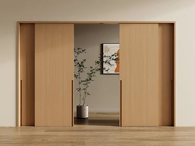 Modern Wooden Sliding Doors in Home Interior with Potted Plant and Artwork 3d model