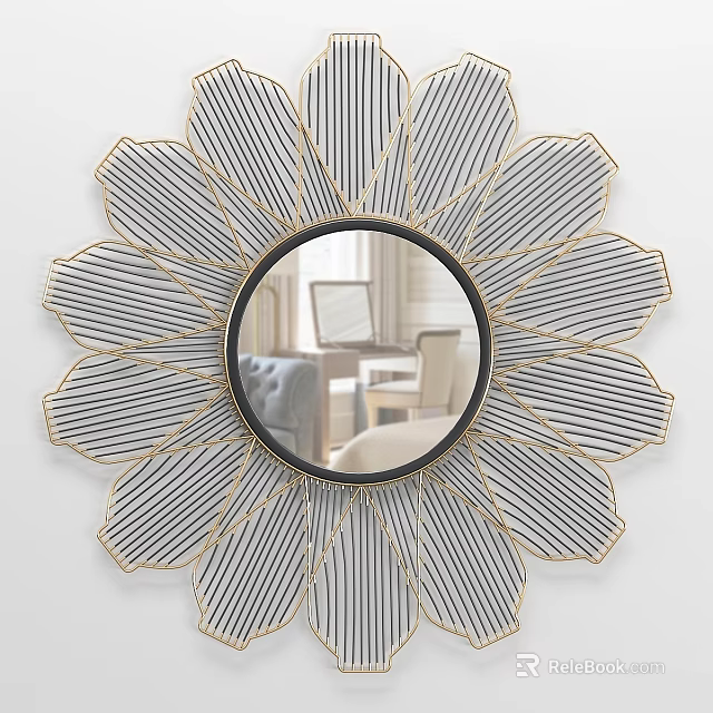 Decorative Wall Mirror with Petal Shaped Gold Frame and Striped Pattern Design 3d model