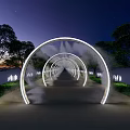 Modern Garden Landscape with Transparent Arch Structures Lined Trees Stone Pathway and Water Mist