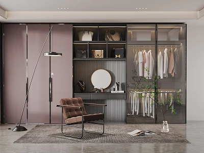 Modern Wardrobe Design With Glass Doors Built-in Shelves Clothes Mirror And Indoor Plant 3d model