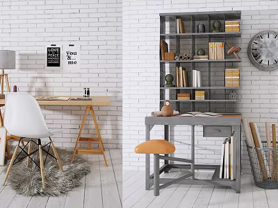 Modern Wooden And Gray Desks With Chair Bookshelf Lamp Clock And Decorations 3d model