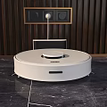 White Circular Robot Vacuum Cleaner With Charging Dock On Marble Floor In Modern Home