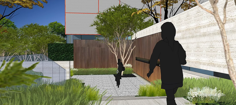 Modern Residential Landscape With Modern Building Trees Paved Area And People 3d model 