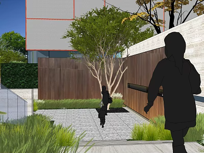Modern Residential Landscape With Modern Building Trees Paved Area And People 3d model
