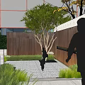 Modern Residential Landscape With Modern Building Trees Paved Area And People