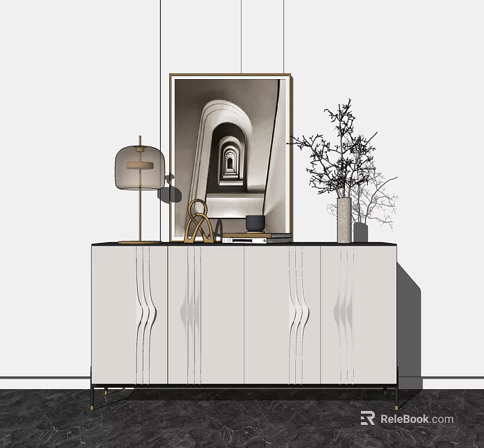 Modern Entryway Console Cabinet Interior With Table Lamp Artwork And Decorative Twigs 3d model