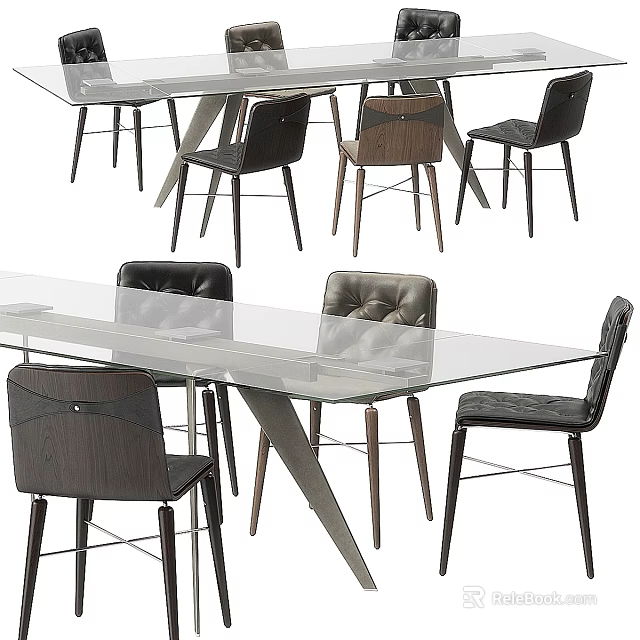Modern Glass Top Dining Table Set With Leather Upholstered Chairs And Wooden Legs 3d model 