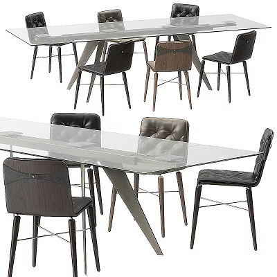 Modern Glass Top Dining Table Set With Leather Upholstered Chairs And Wooden Legs 3d model
