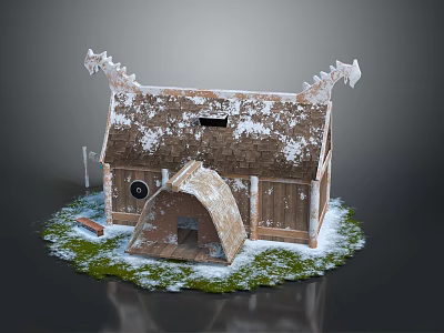 Cartoon Scene of Small Wooden Cabin With Snow Covered Roof and Green Grass 3d model
