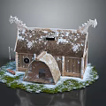 Cartoon Scene of Small Wooden Cabin With Snow Covered Roof and Green Grass
