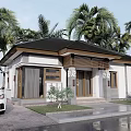 Detached Villa Exterior Featuring Dark Roof Wooden Accents White Walls Palm Trees And Landscaped Driveway