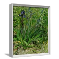 Decorative Plant Painting With Purple Irises Green Leaves And Grass Background