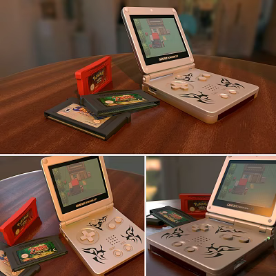Vintage Retro Portable Game Console With Classic Game Cartridges On Wooden Table 3d model