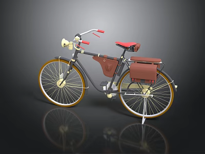 Vintage Bicycle With Red Seat Red Handlebars Brown Bag And Yellow Rims 3d model