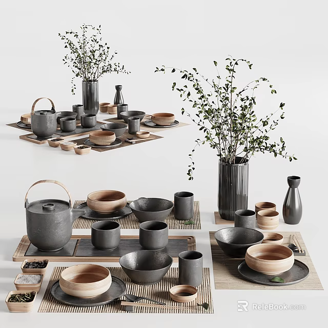 Ceramic Tea Set With Gray Brown Teapot Cups Bowls On Bamboo Mats And Green Plants 3d model 