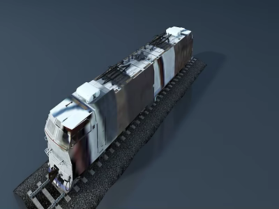 Metallic Silver Train on Railway Track with Gravel and Carriages 3d model
