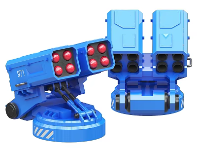 Blue Automated Defense Weapon With Mechanical Arm Red Components Launch Ports And GT1 Label 3d model