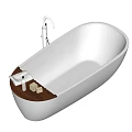 White Oval Bathtub With Silver Faucet And Wooden Tray Holding Essential Oil And Soap Bars