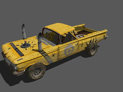 Yellow Vintage Modified Truck With Rugged Tires Exhaust Pipes And Stripes 3d model