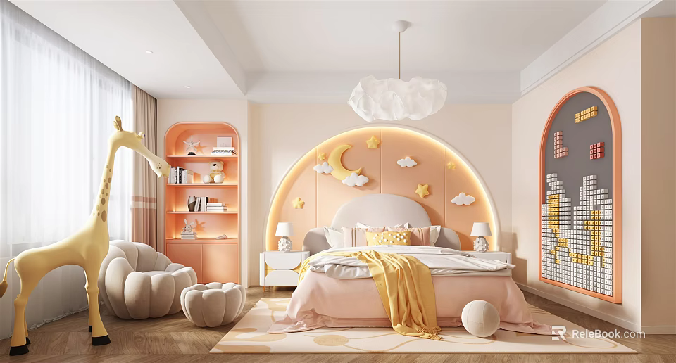 Playful Kids Room Interior With Pink Cloud Chandelier Moon Star Decor And Pumpkin Chair 3d model 