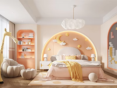 Playful Kids Room Interior With Pink Cloud Chandelier Moon Star Decor And Pumpkin Chair 3d model