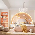 Playful Kids Room Interior With Pink Cloud Chandelier Moon Star Decor And Pumpkin Chair