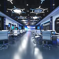 School High Tech Classroom With Computers Displays Modern Desks Chairs Blue Lighting Hexagonal Ceiling 3d model