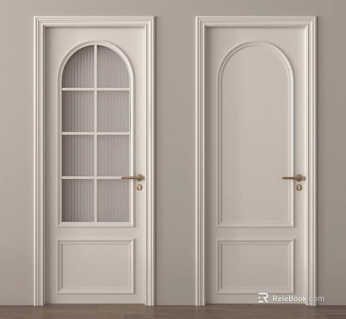 White Swing Doors With Arched Glass Panels Golden Handles And Sleek Design 3d model 