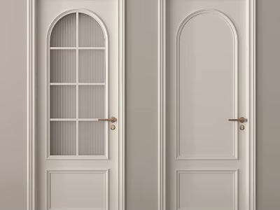 White Swing Doors With Arched Glass Panels Golden Handles And Sleek Design 3d model