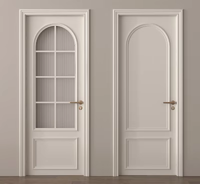 White Swing Doors With Arched Glass Panels Golden Handles And Sleek Design 3d model
