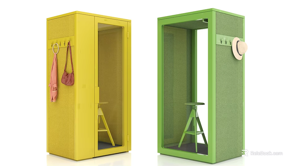 Yellow And Green Mesh Cubicles With Interior Stool And Hanging Bags Hat 3d model 