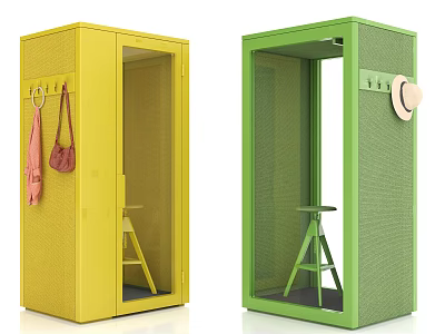 Yellow And Green Mesh Cubicles With Interior Stool And Hanging Bags Hat 3d model