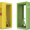 Yellow And Green Mesh Cubicles With Interior Stool And Hanging Bags Hat