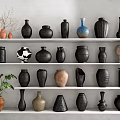 Ceramic Vessels Display With Various Colors Shapes On White Shelves Green Plant Dried Branches