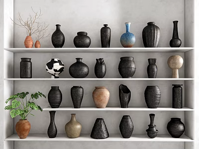 Ceramic Vessels Display With Various Colors Shapes On White Shelves Green Plant Dried Branches 3d model