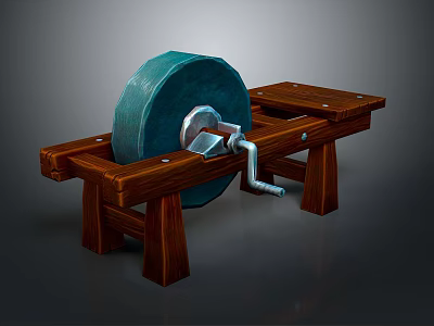 Traditional Wooden Bench With Stone Grinding Wheel And Metal Handle Structure 3d model