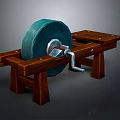 Traditional Wooden Bench With Stone Grinding Wheel And Metal Handle Structure